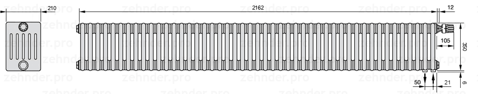 Схема (чертеж) Радиатор Zehnder Charleston 6035/47 №V002 Белый глянцевый RAL 9016